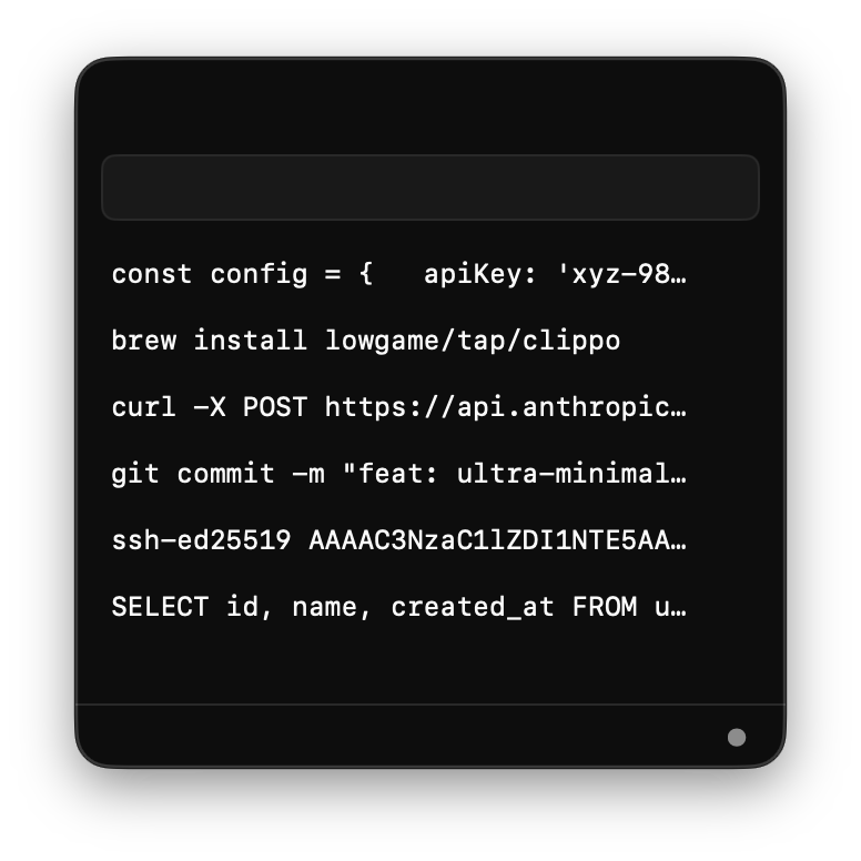 clippo displaying searchable clipboard history in a monochrome menu bar panel
