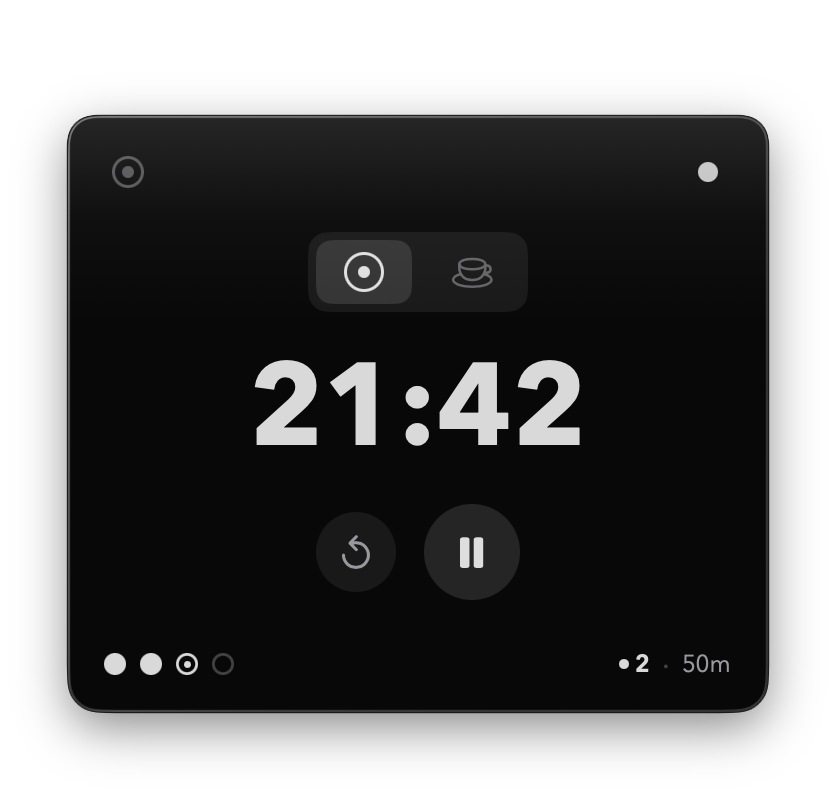 pomo focus timer showing 21 minutes and 42 seconds with completed session dots