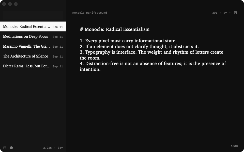 writo with a note list and a distraction-free Markdown writing canvas
