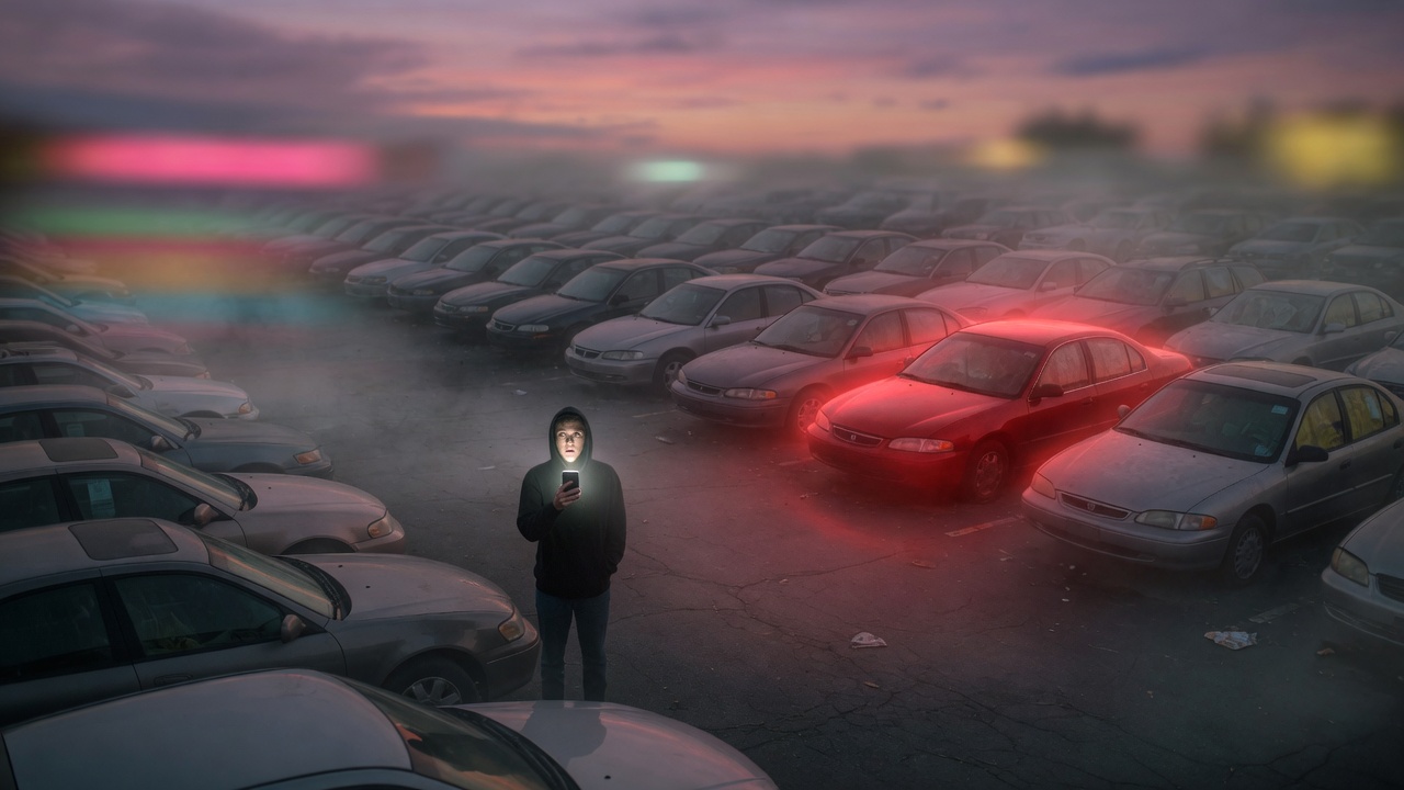 Buyer screening used cars at dusk — screen first before a PPI